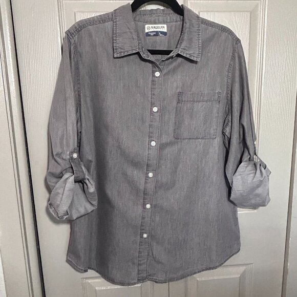 Magellan Outdoors Women’s Classic Fit Button-Up Shirt Gray Long Sleeve Roll-Tab - Picture 4 of 10